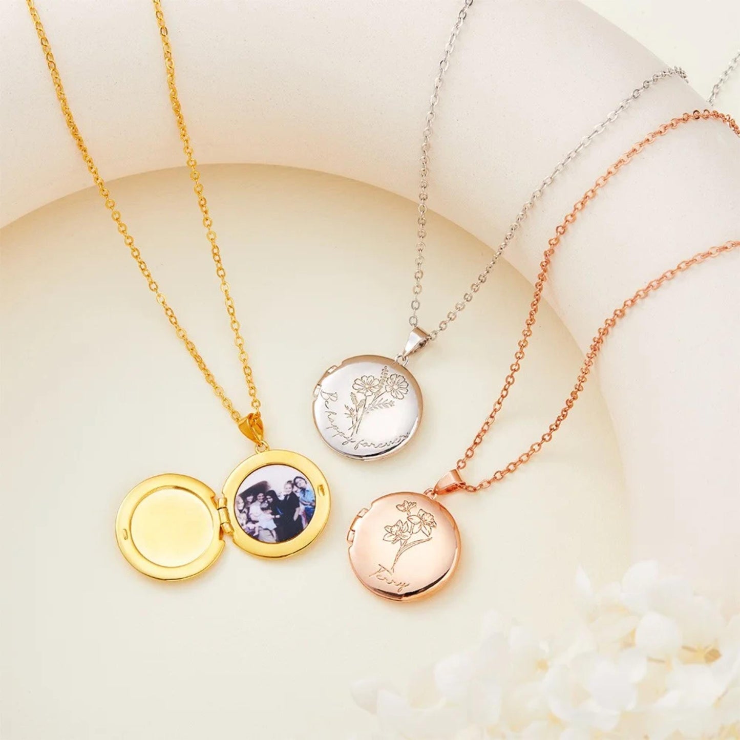 Custom Birth Flower Round Photo Locket Necklace