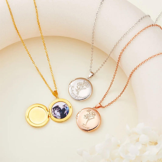 Custom Birth Flower Round Photo Locket Necklace