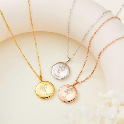 Custom Birth Flower Round Photo Locket Necklace