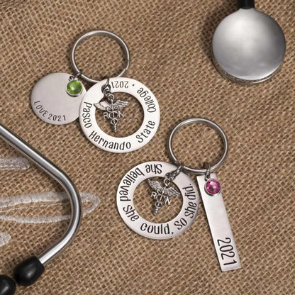 Personalized Birthstone Stainless Steel Nurse Keychain