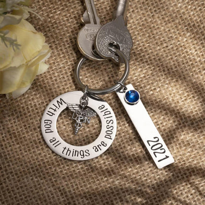 Personalized Birthstone Stainless Steel Nurse Keychain