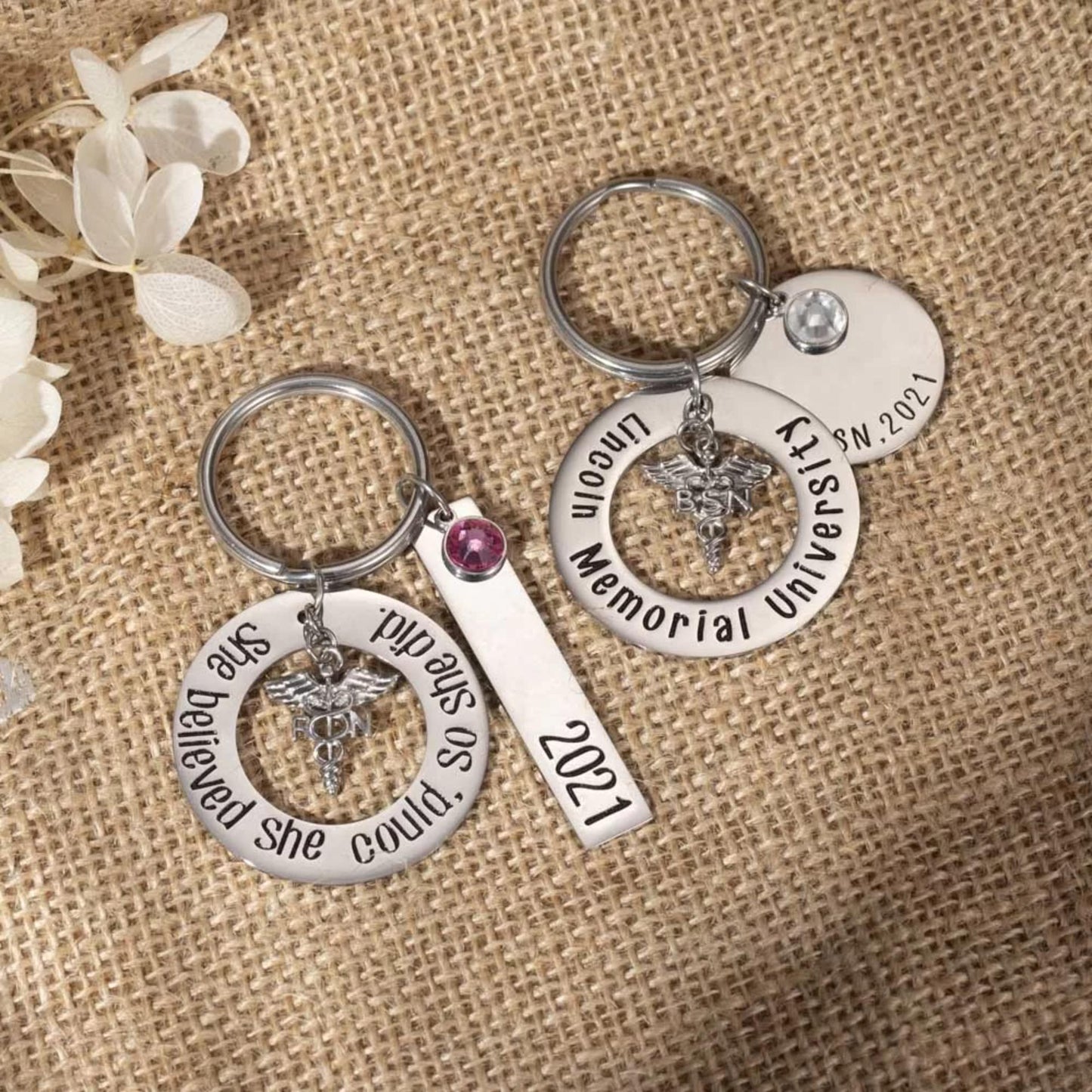 Personalized Birthstone Stainless Steel Nurse Keychain
