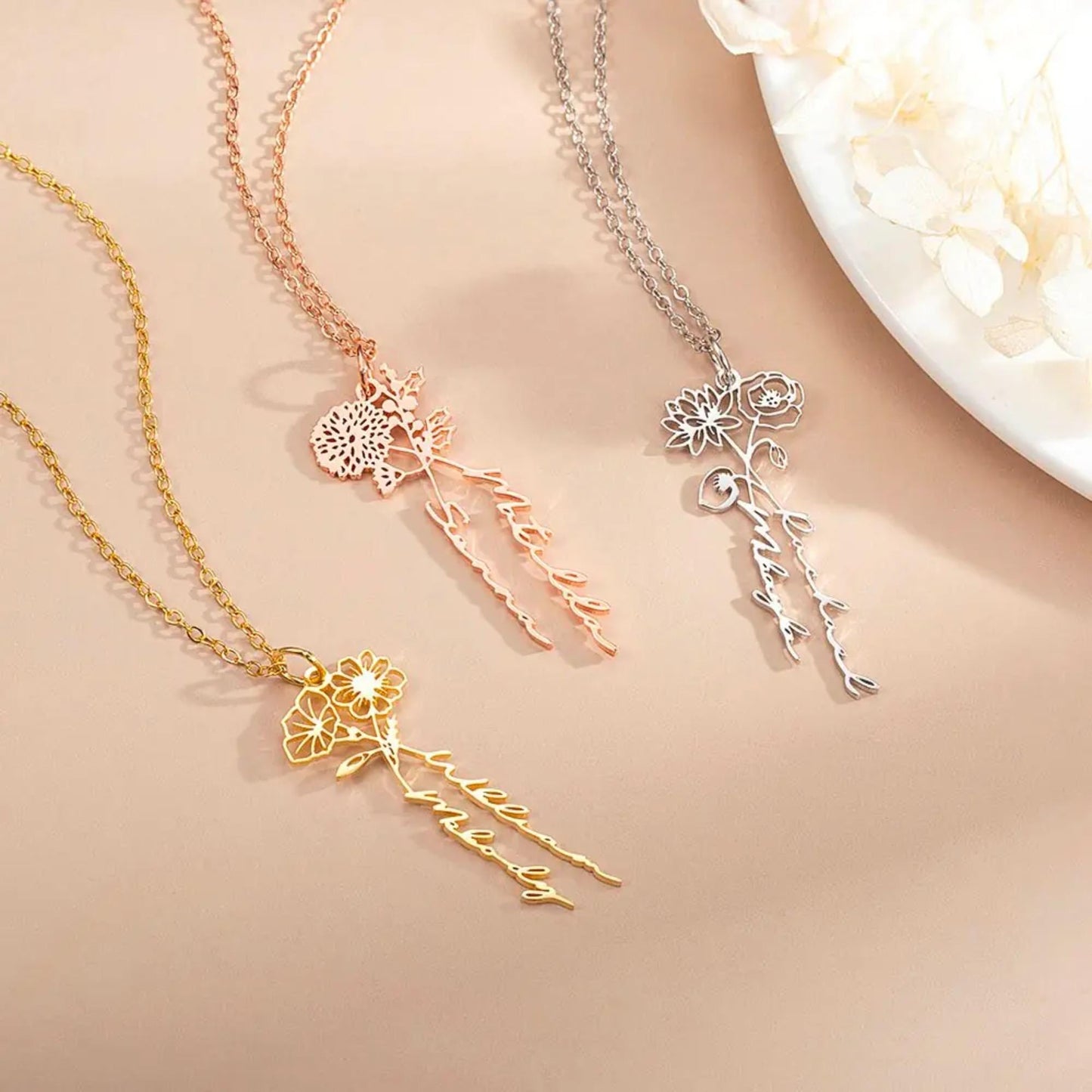 Personalized 2 Birth Flowers Names Necklace