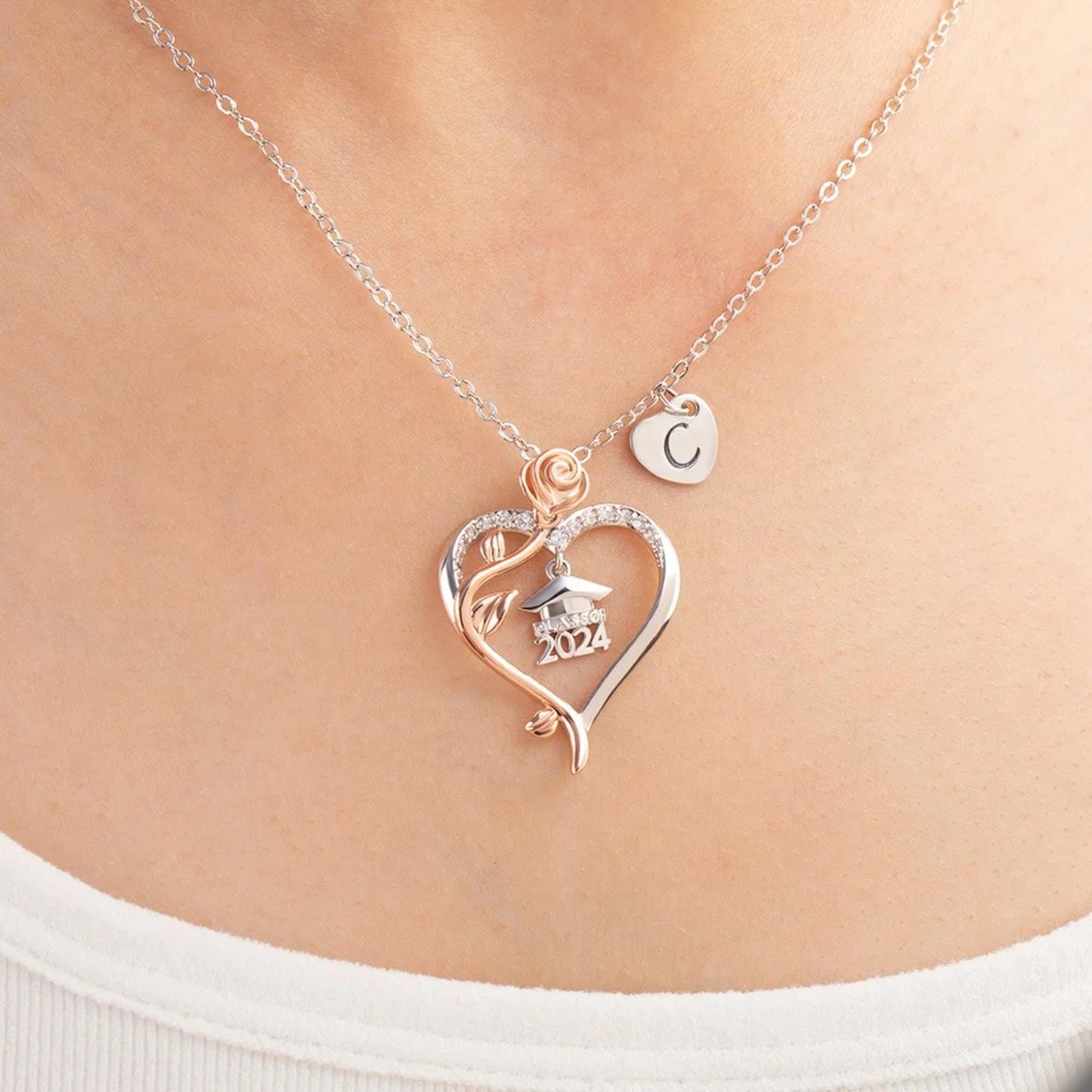 Personalized Rose Heart Graduation Necklace