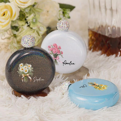 Custom Name Birth Flower Hip Flask with Diamante Lid
