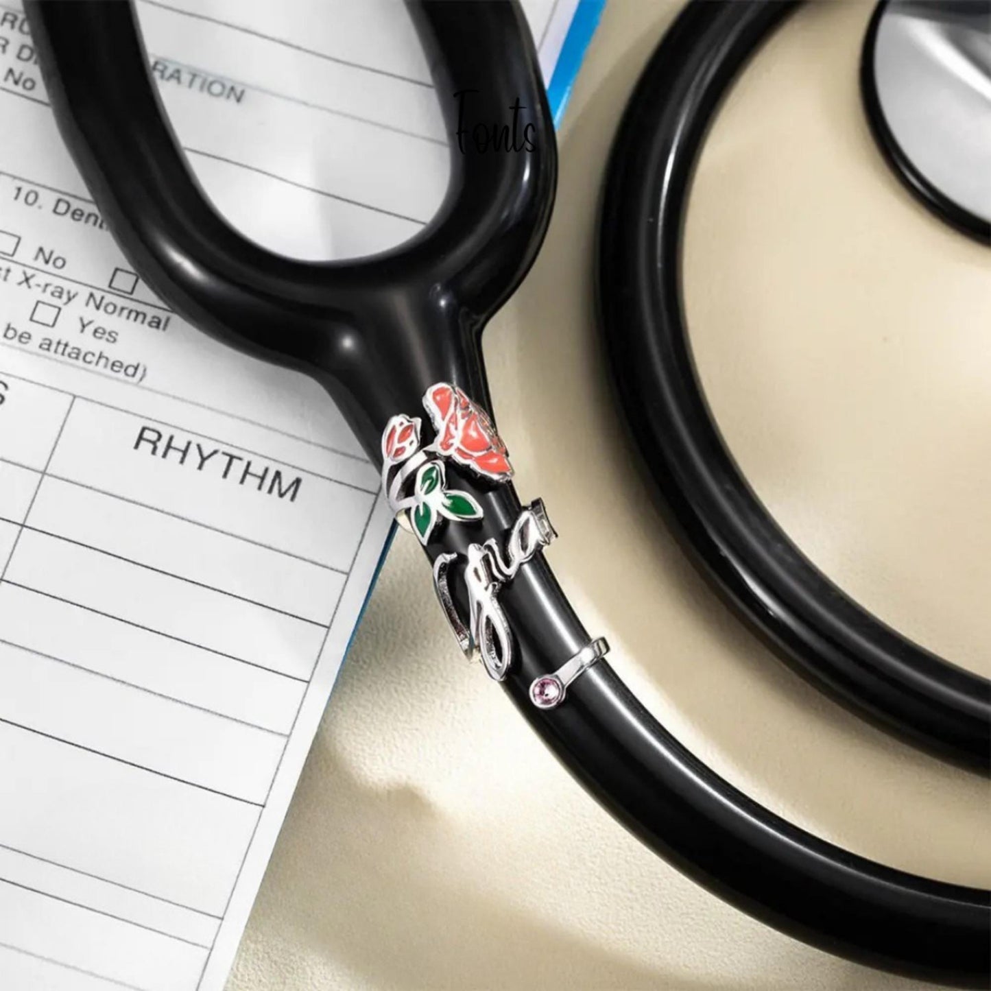 Personalized Stethoscope Name Tag with Birthflower & Birthstone