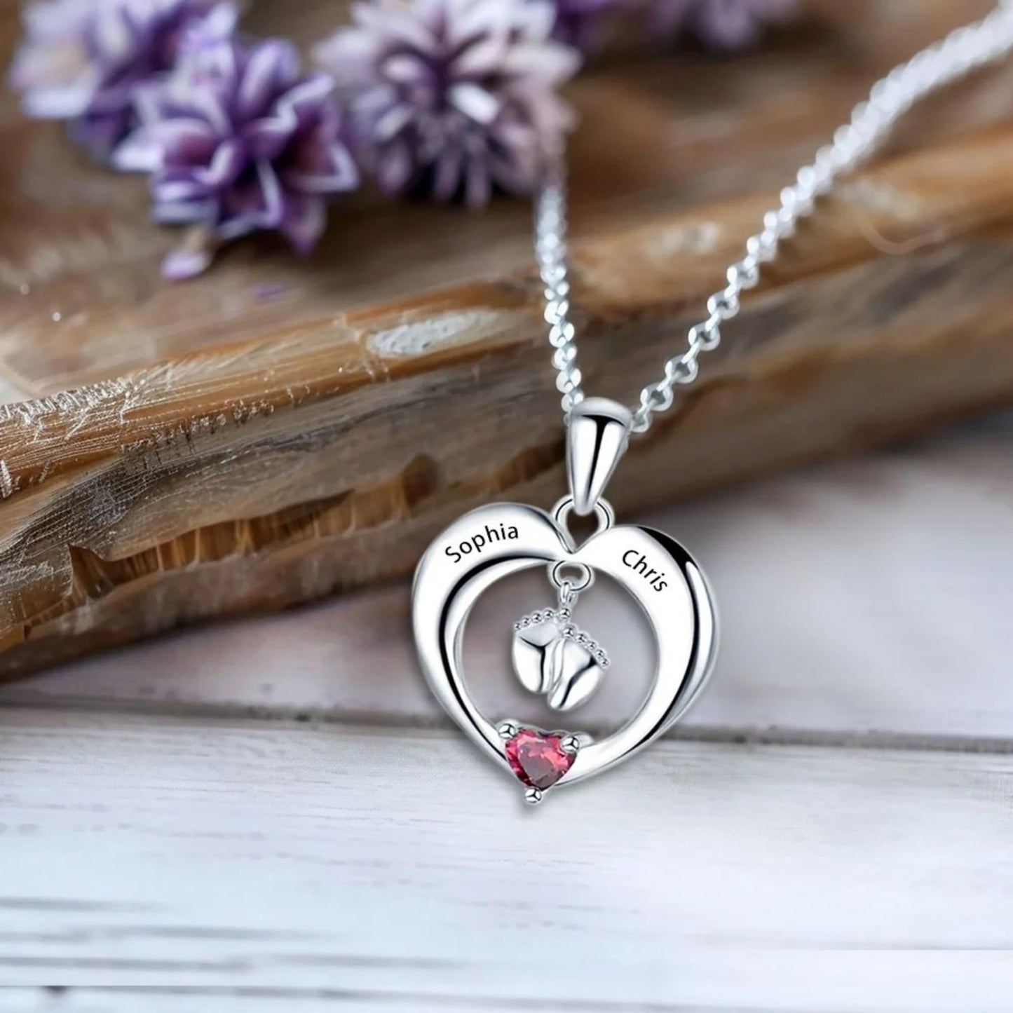 Baby Feet Necklace with Birthstone & Engraved Names