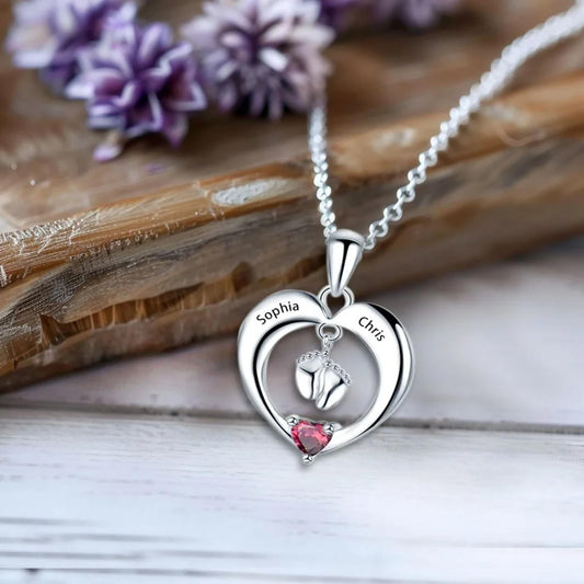 Baby Feet Necklace with Birthstone & Engraved Names