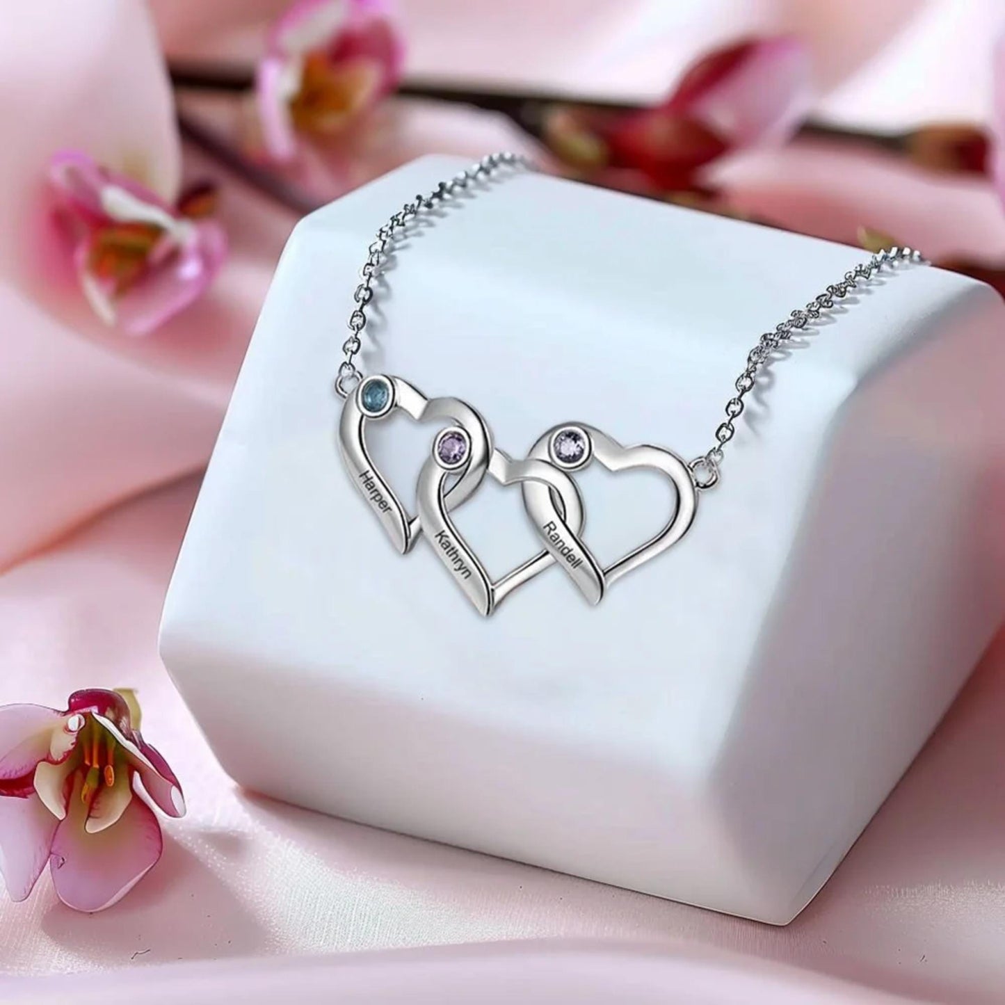 Personalized Birthstone Interlocking Hearts Necklace