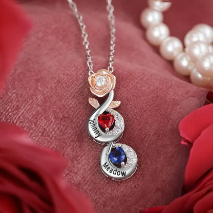 Custom Birthstone Necklace with Name & 3D Rose Pendant