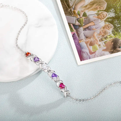 Custom Birthstone Bracelet with 2-7 Hearts & Engraved Names