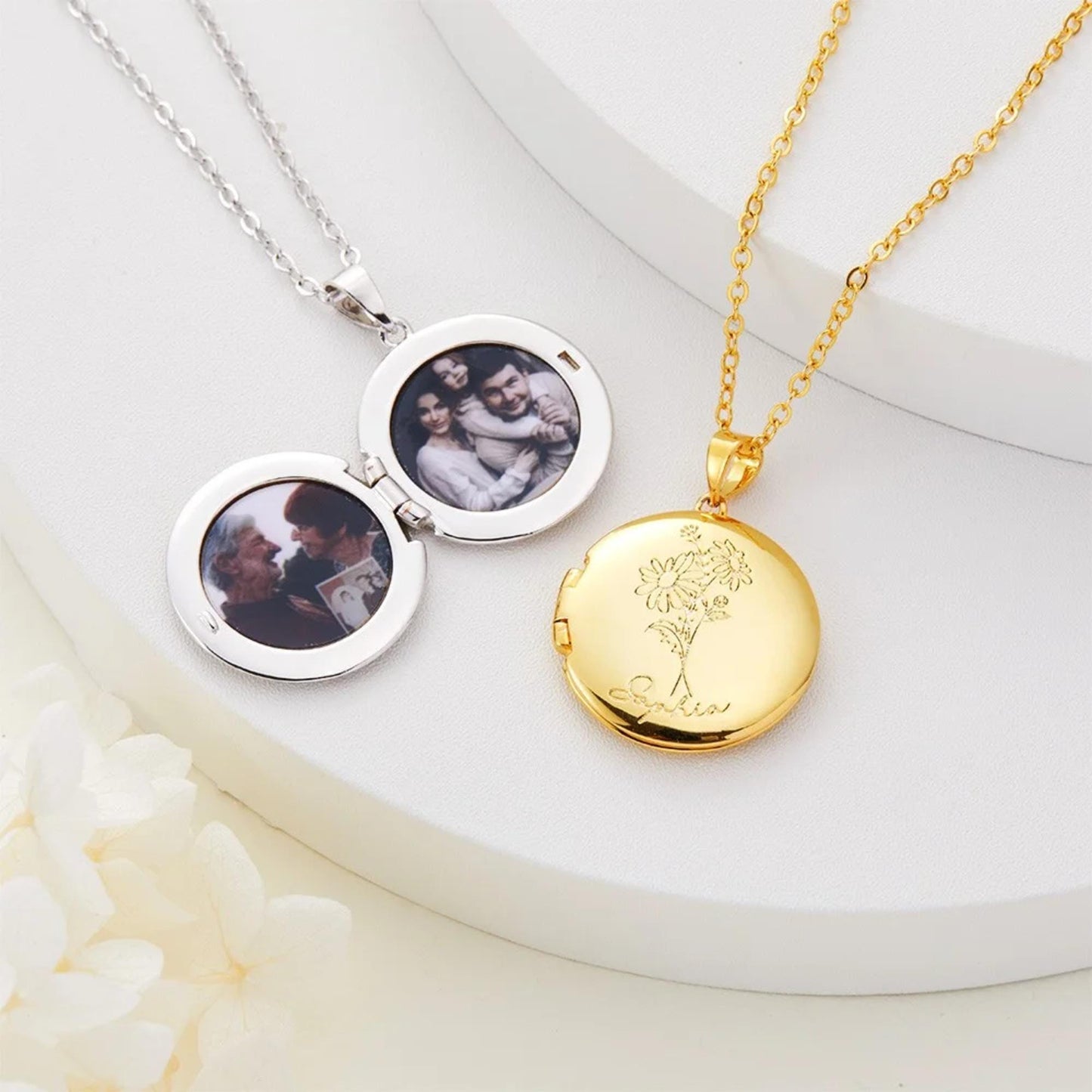 Custom Birth Flower Round Photo Locket Necklace