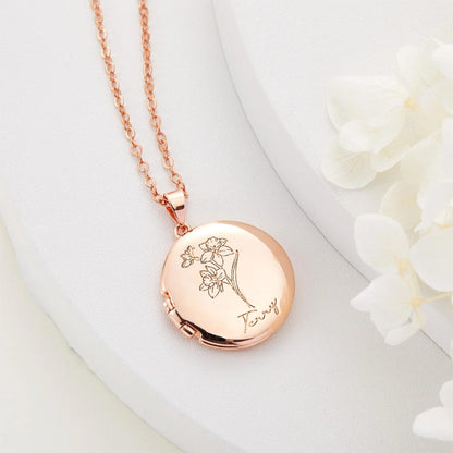 Custom Birth Flower Round Photo Locket Necklace