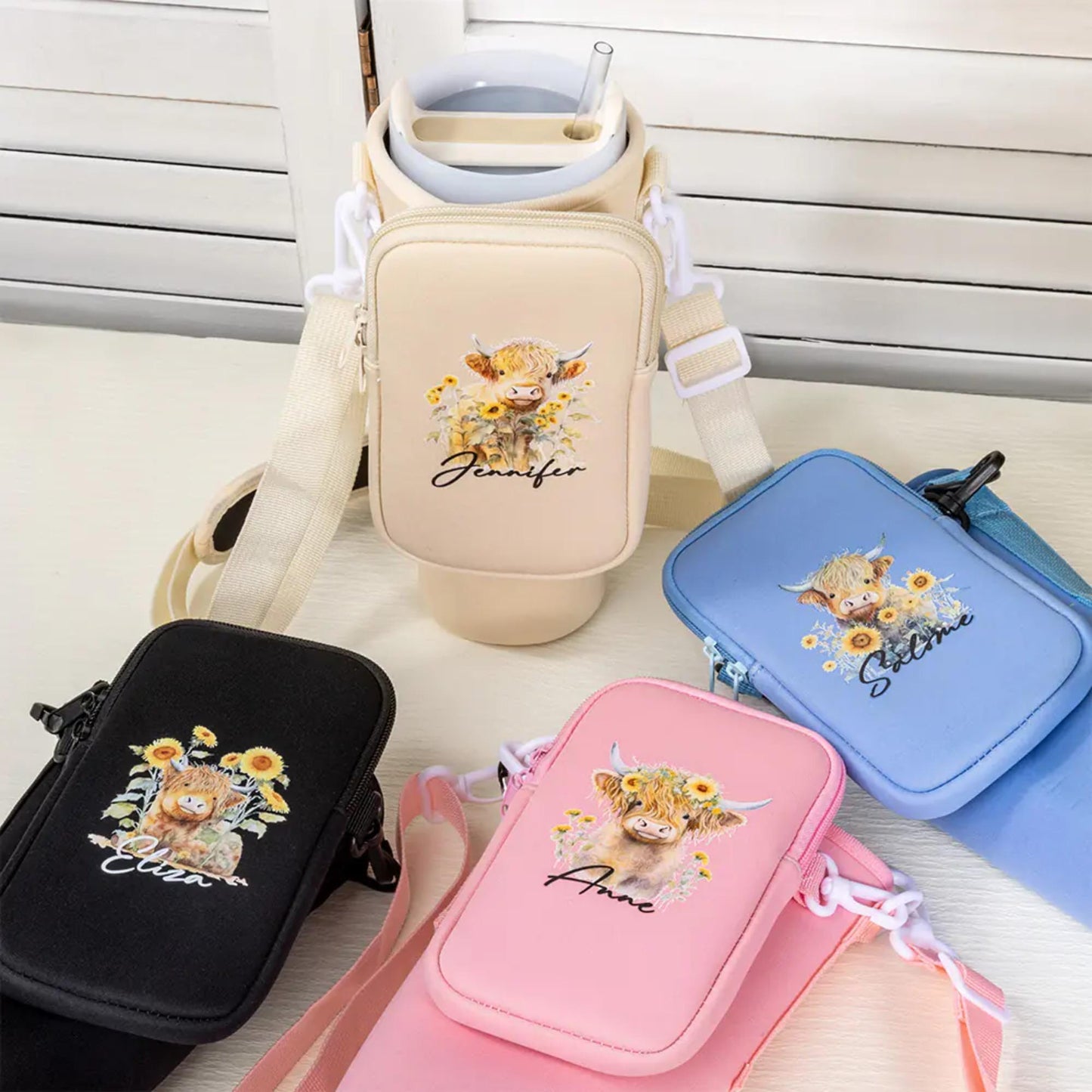 Sunflower Highland Cow Tumbler Carrier Bag