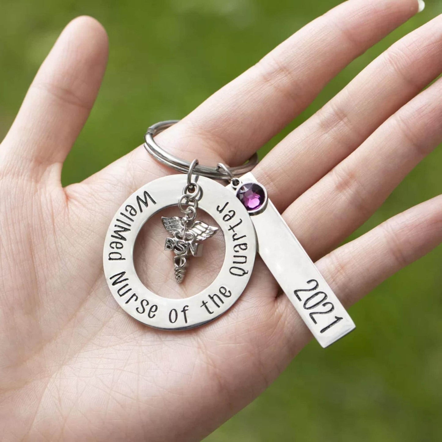 Personalized Birthstone Stainless Steel Nurse Keychain