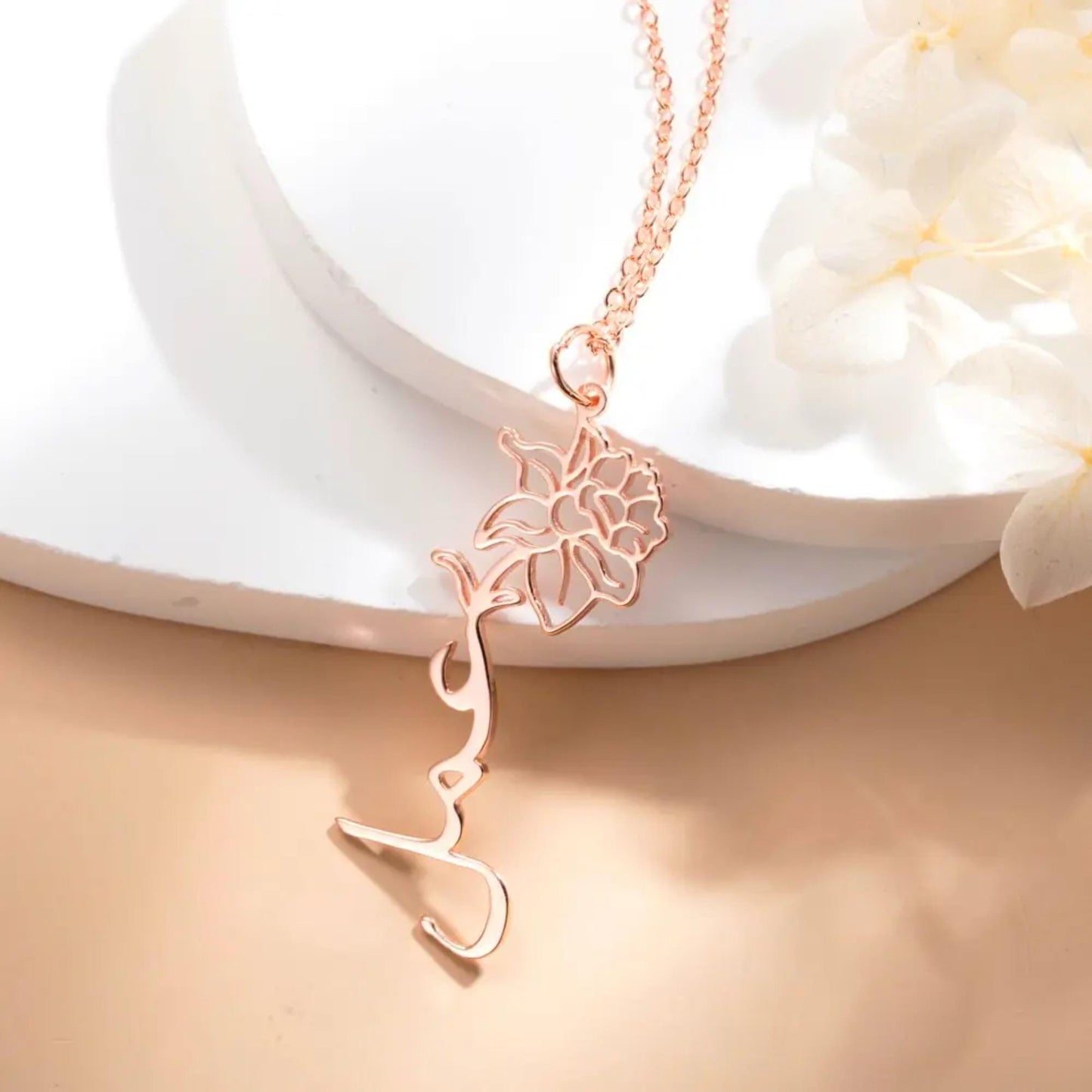 Custom Arabic Name Birth Flower Necklace