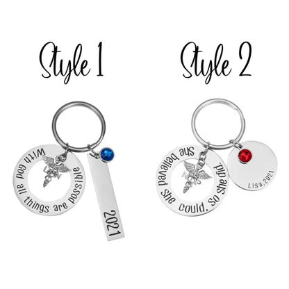 Personalized Birthstone Stainless Steel Nurse Keychain