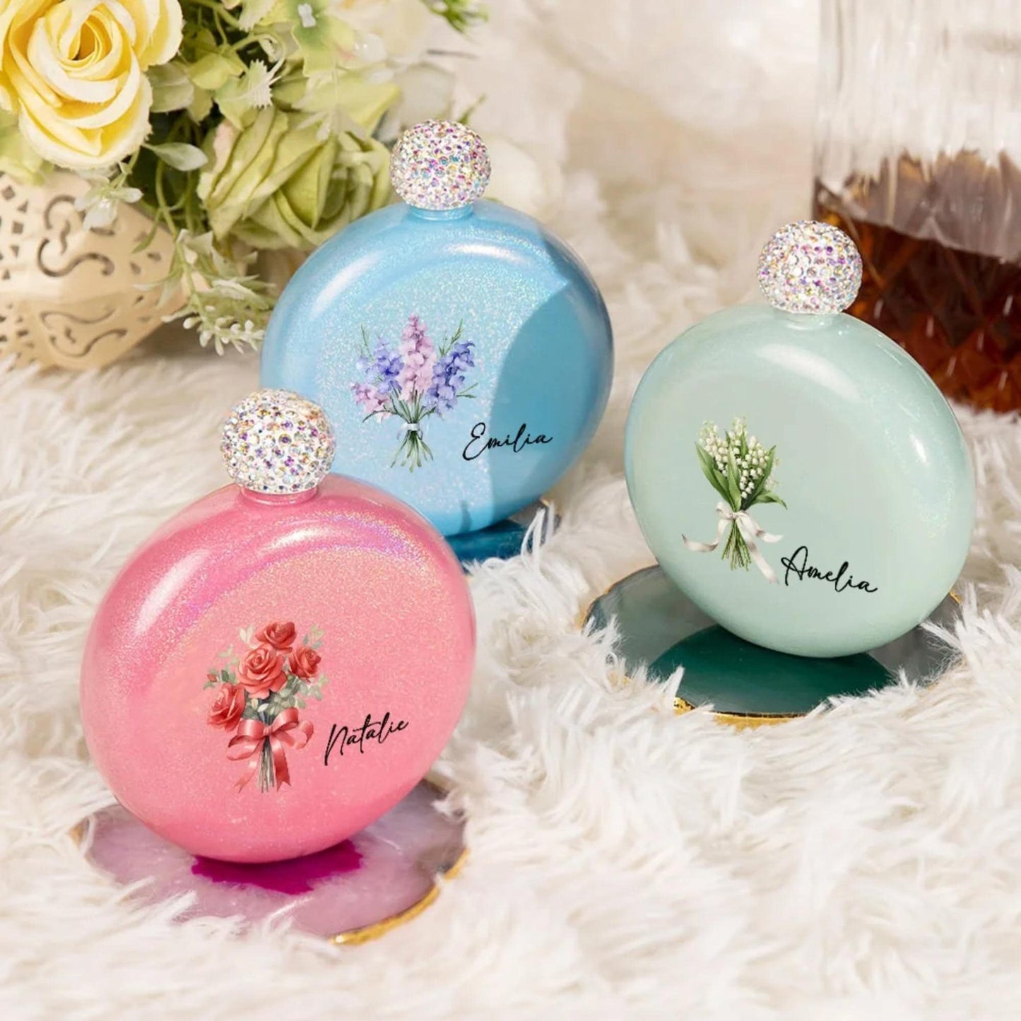Custom Name Birth Flower Hip Flask with Diamante Lid