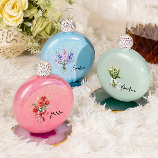 Custom Name Birth Flower Hip Flask with Diamante Lid