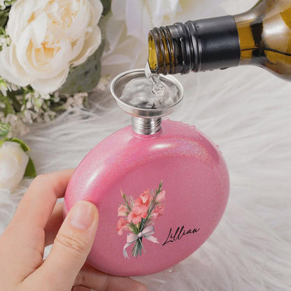 Custom Name Birth Flower Hip Flask with Diamante Lid