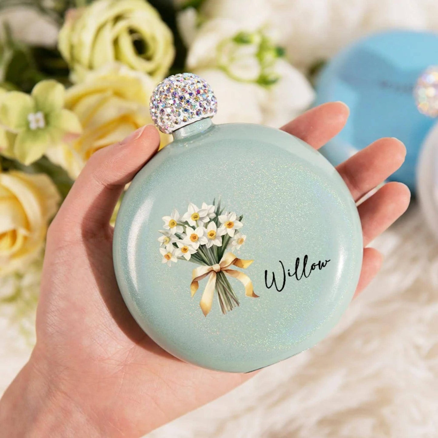Custom Name Birth Flower Hip Flask with Diamante Lid