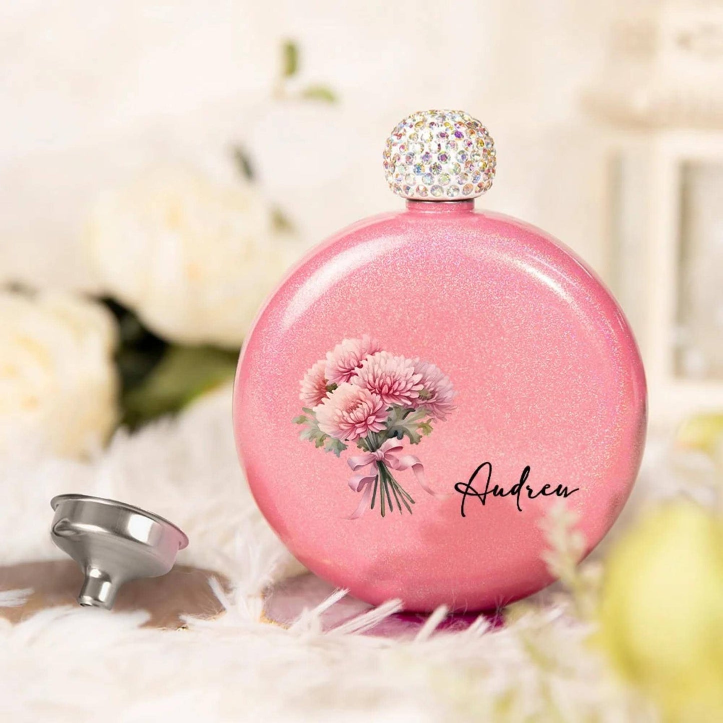 Custom Name Birth Flower Hip Flask with Diamante Lid