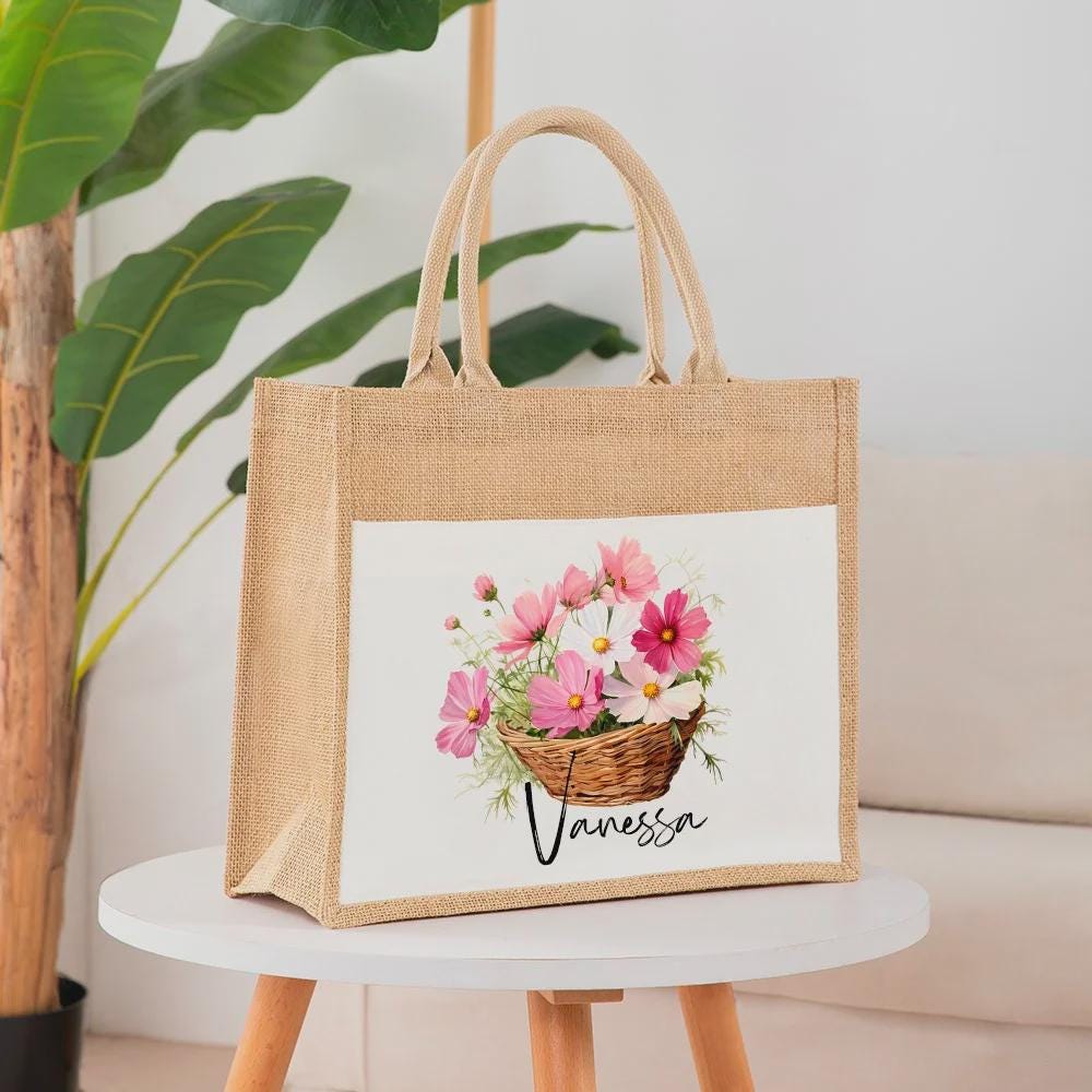 Personalized Birth Flower Jute Tote Bag