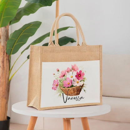 Personalized Birth Flower Jute Tote Bag