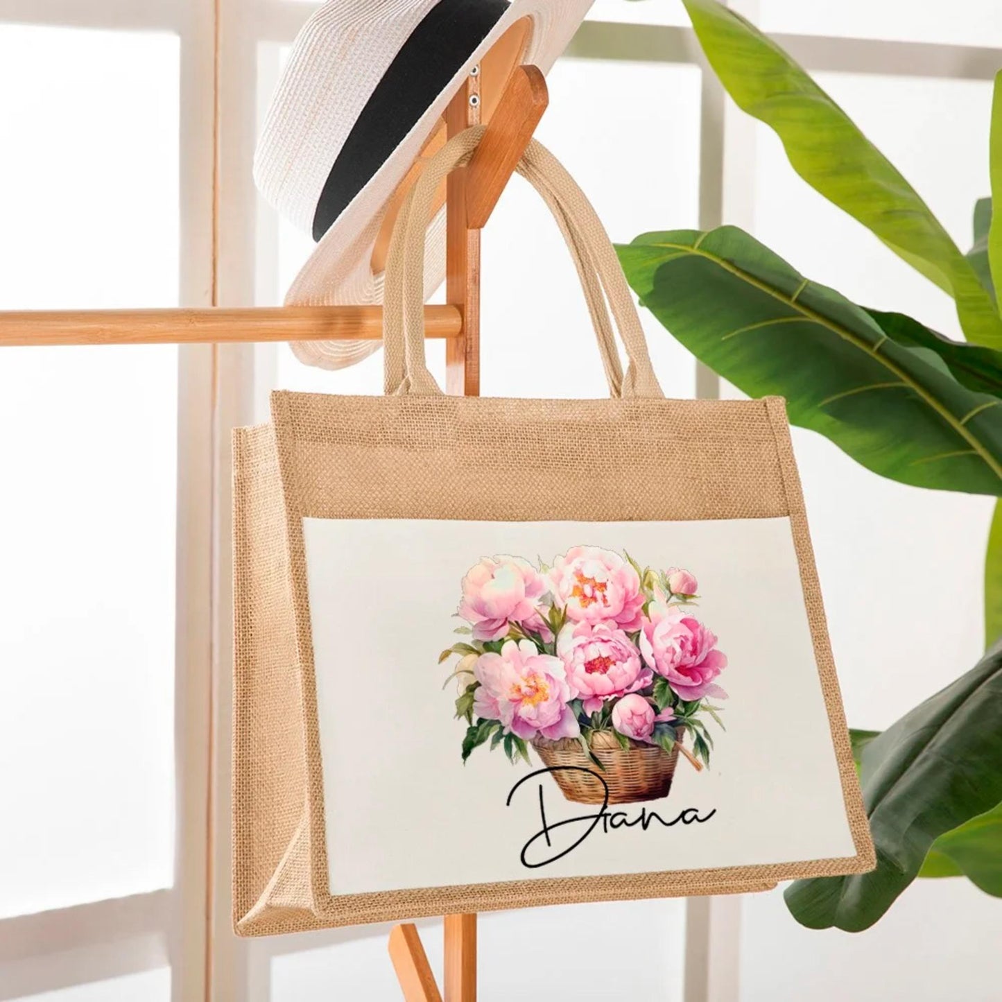 Personalized Birth Flower Jute Tote Bag
