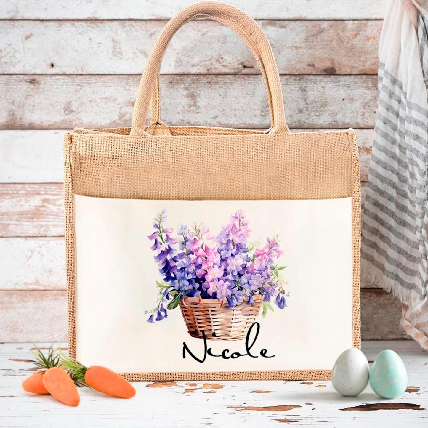 Personalized Birth Flower Jute Tote Bag
