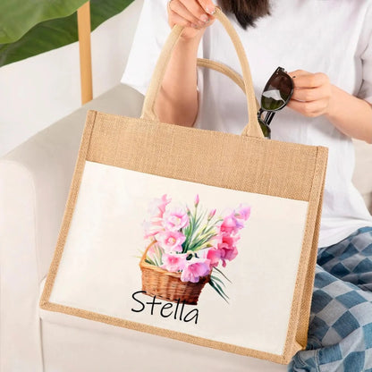Personalized Birth Flower Jute Tote Bag
