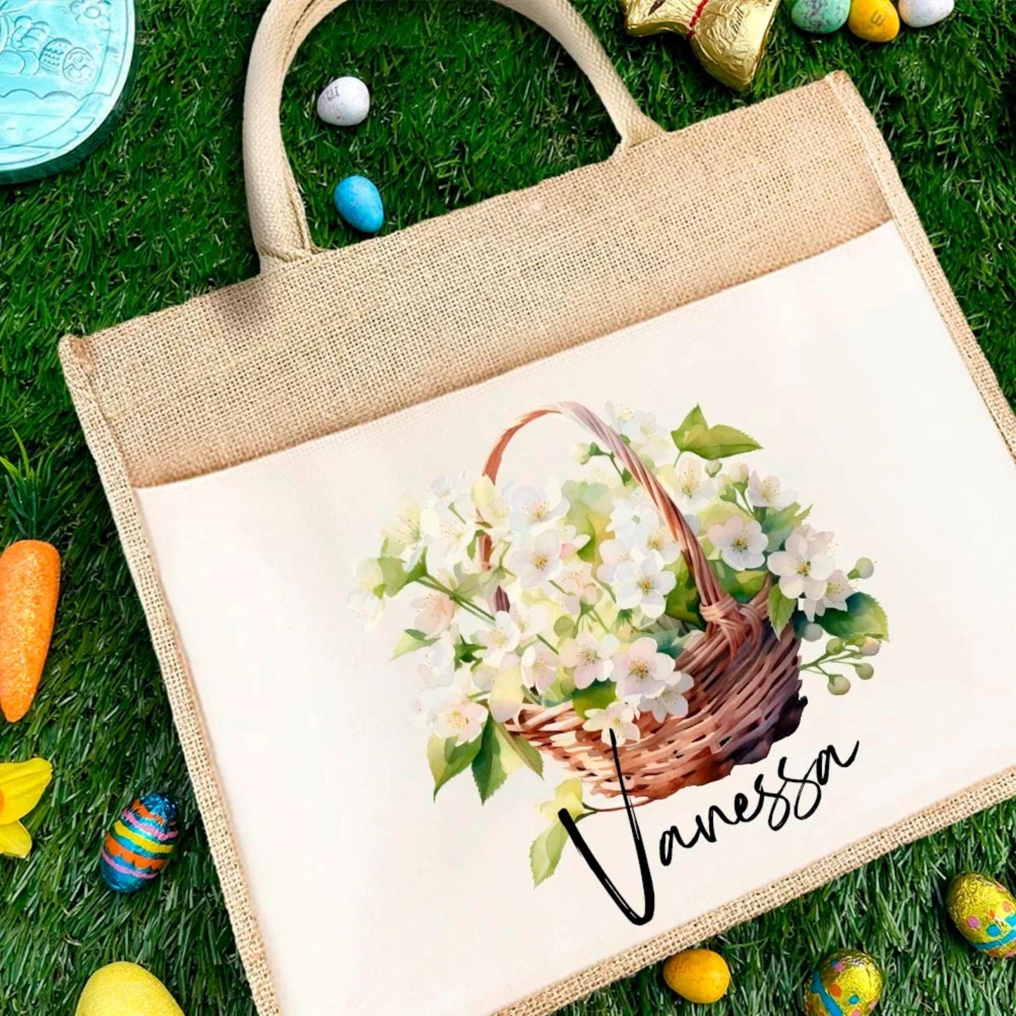 Personalized Birth Flower Jute Tote Bag