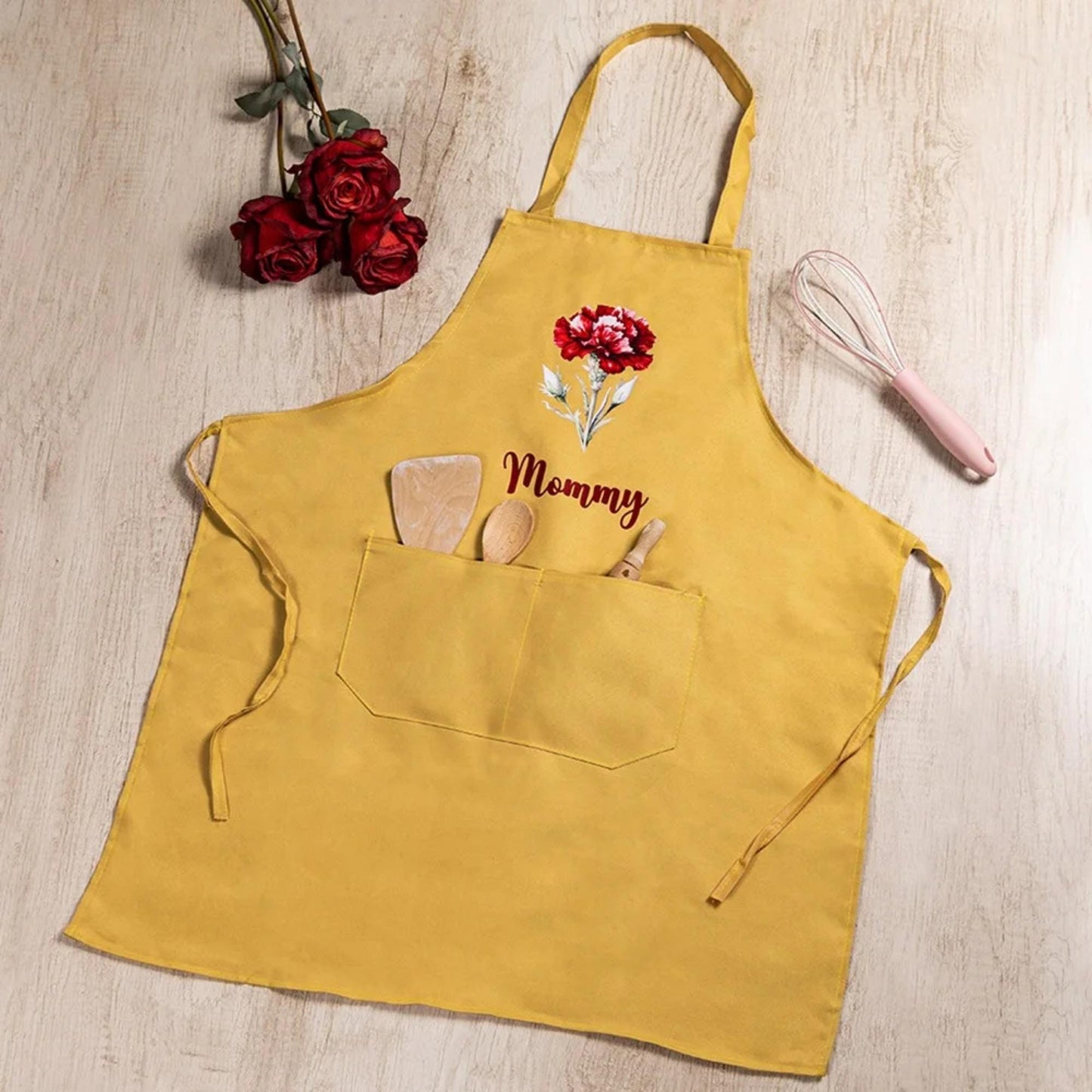 Custom Birth Flower Apron for Women with Front Pocket