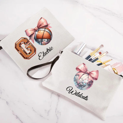 Custom Name Bow Disco Ball Theme Linen Makeup Bag