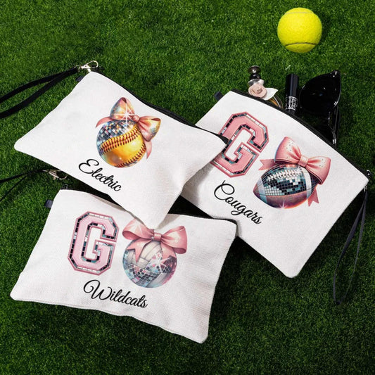 Custom Name Bow Disco Ball Theme Linen Makeup Bag