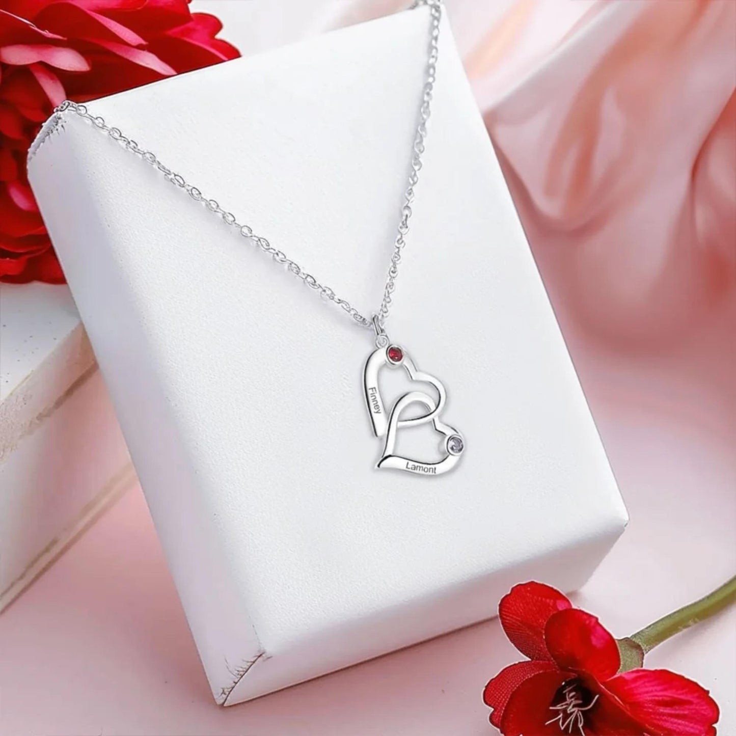 Personalized Birthstone Interlocking Hearts Necklace