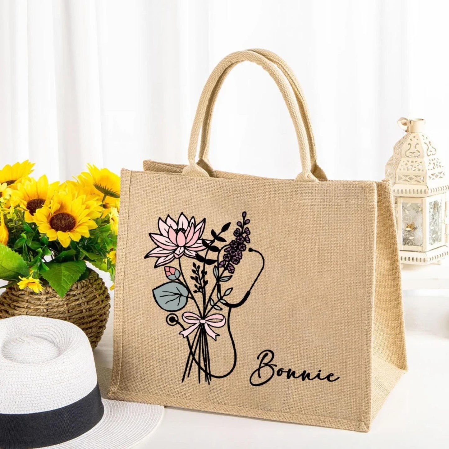 Personalized Stethoscope Tote Bag with Name & Birth Flower