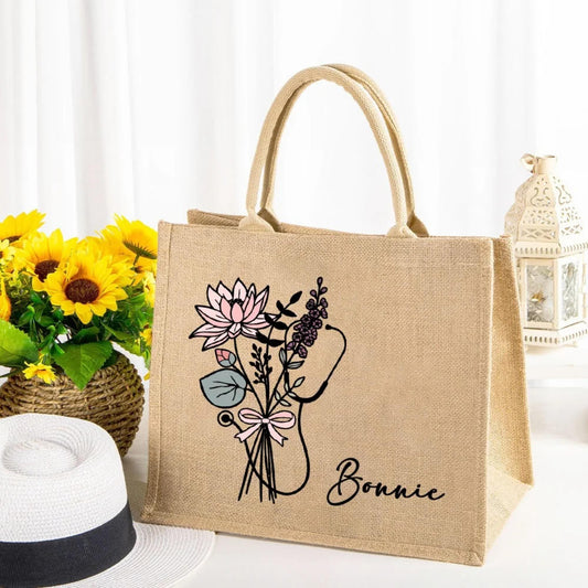 Personalized Stethoscope Tote Bag with Name & Birth Flower