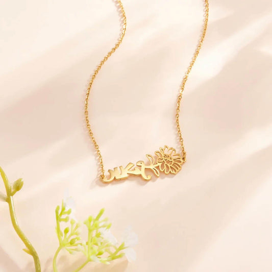 Custom Hebrew Name Necklace with Birth Flower