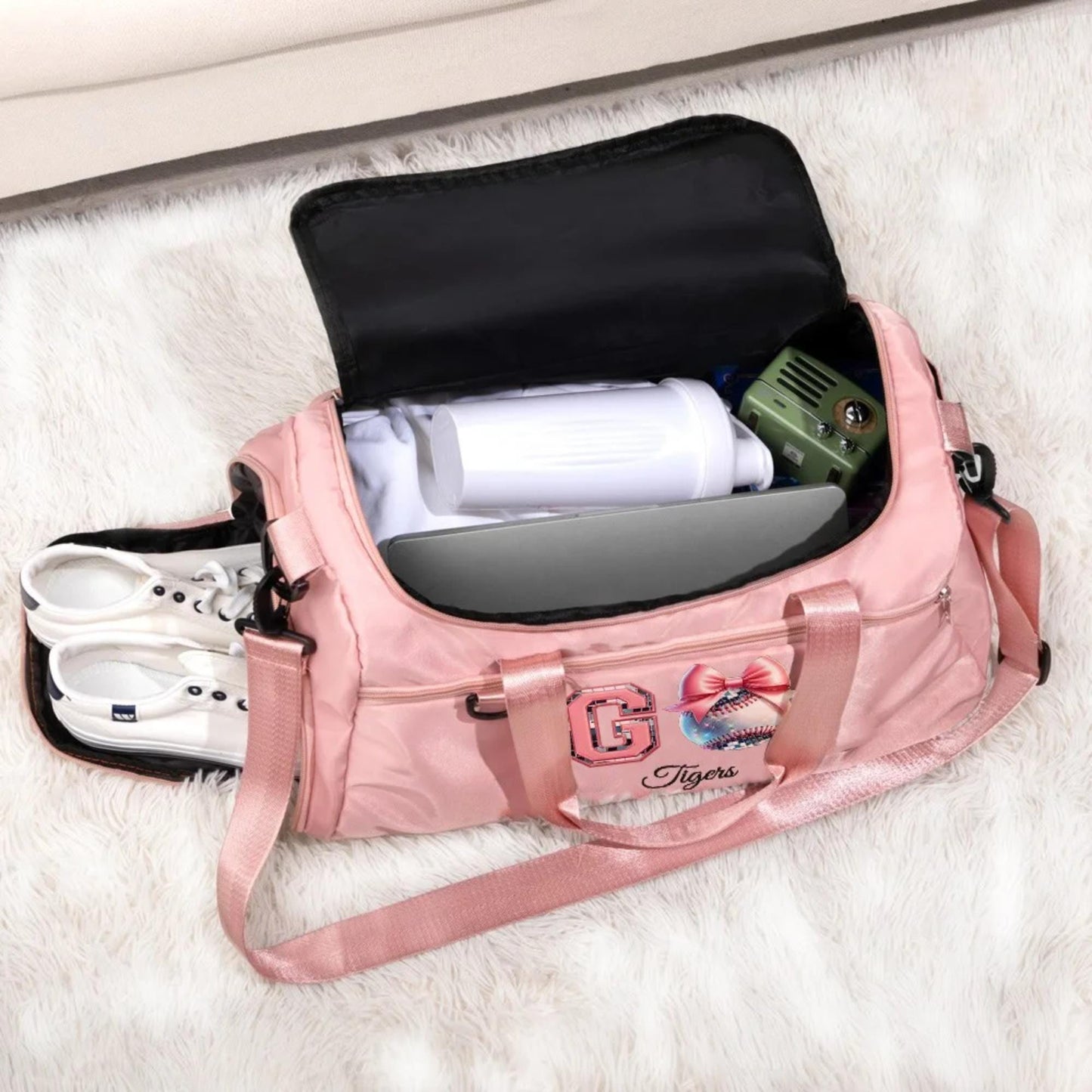 Custom Name Pink Bow Disco Ball Duffle Bag