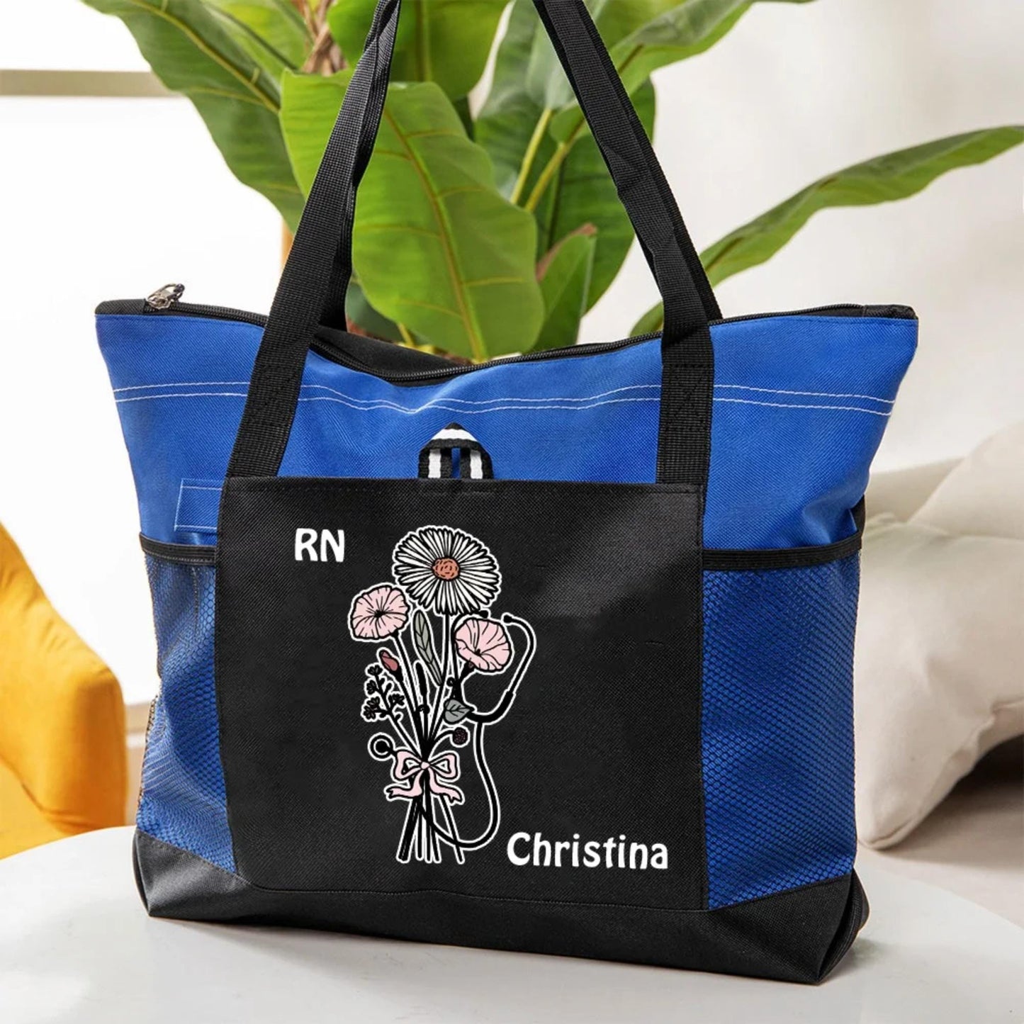 Custom Name Stethoscope Bow Birth Flower Tote Bag