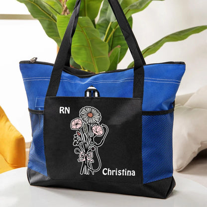 Custom Name Stethoscope Bow Birth Flower Tote Bag