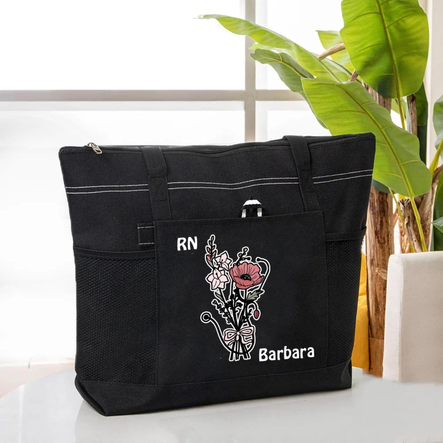 Custom Name Stethoscope Bow Birth Flower Tote Bag