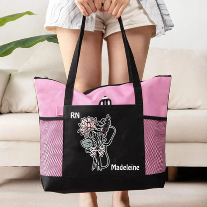 Custom Name Stethoscope Bow Birth Flower Tote Bag
