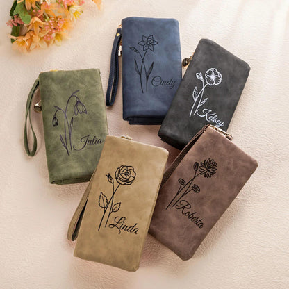 Birth Flower Leather Wallet with Custom Name