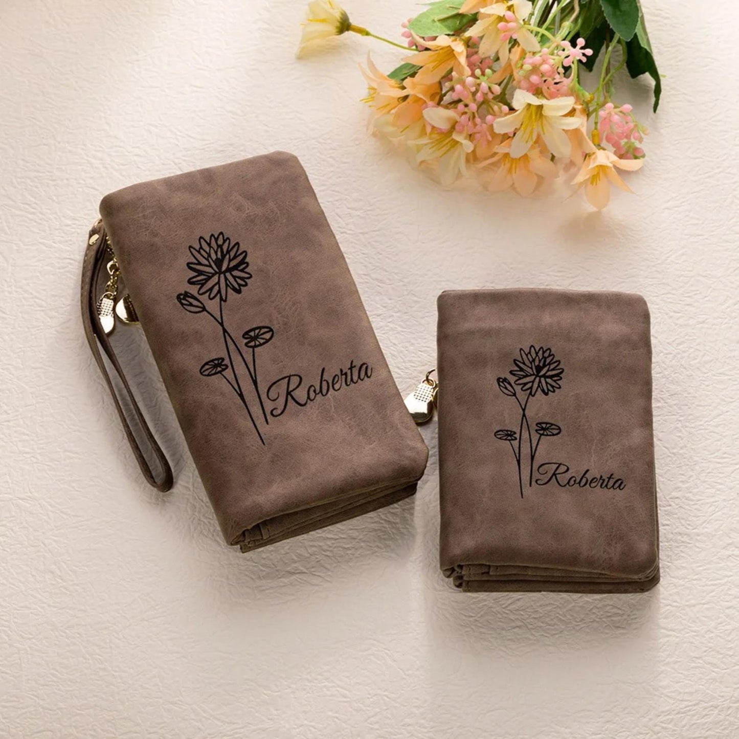 Birth Flower Leather Wallet with Custom Name