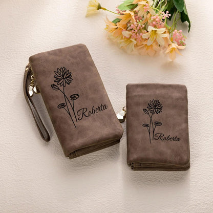 Birth Flower Leather Wallet with Custom Name