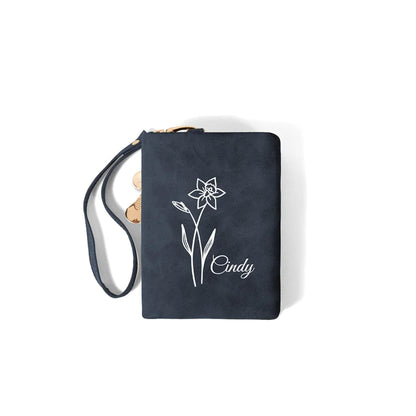 Birth Flower Leather Wallet with Custom Name