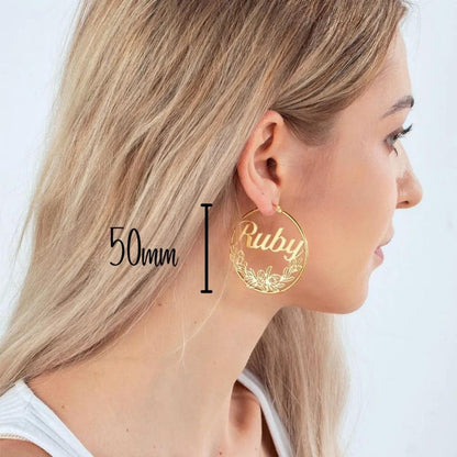 Custom Birthflower Hoop Earrings with Name