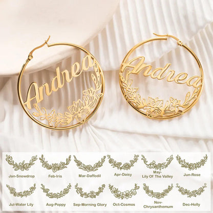 Custom Birthflower Hoop Earrings with Name